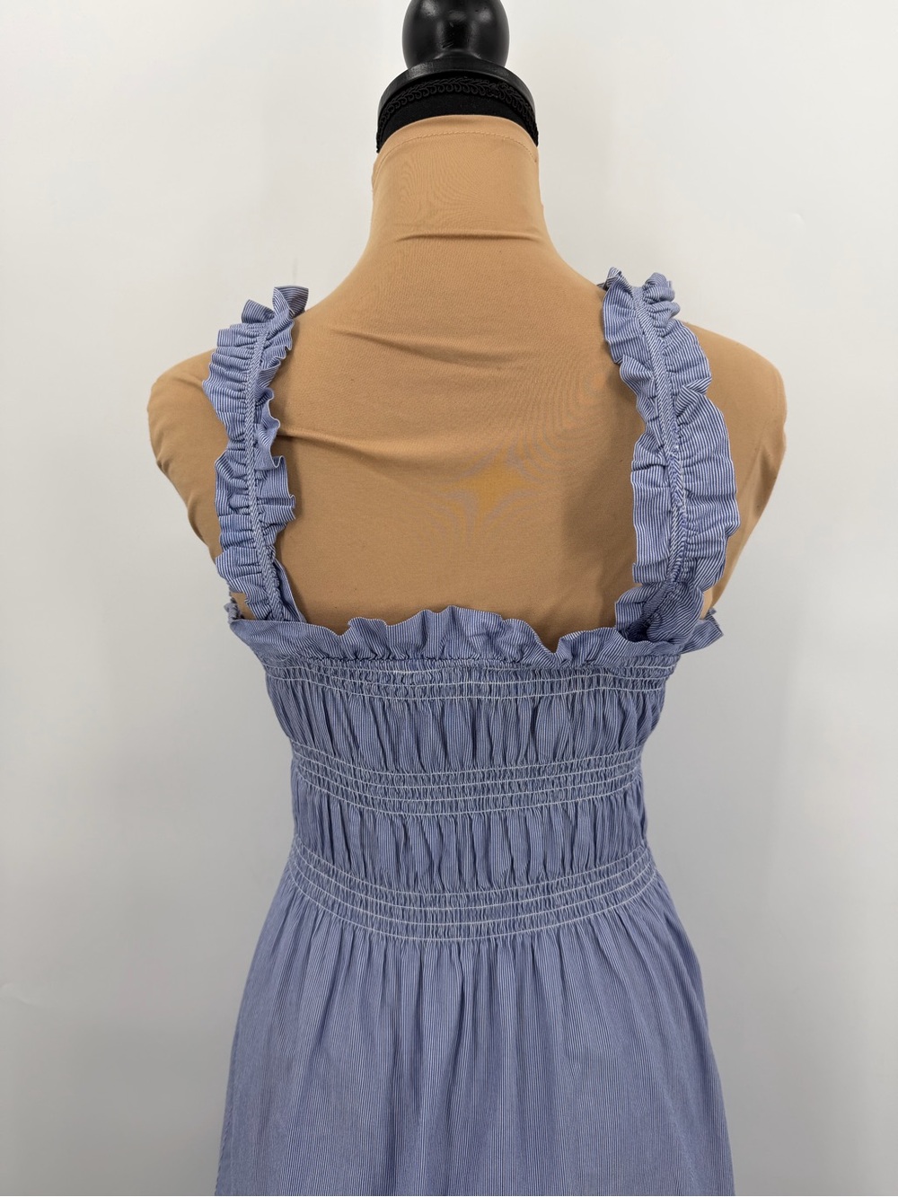 Cotton blue striped Smocked Ruffle Strap Midi Dress XS cottagecore coastal - Picture 6 of 12